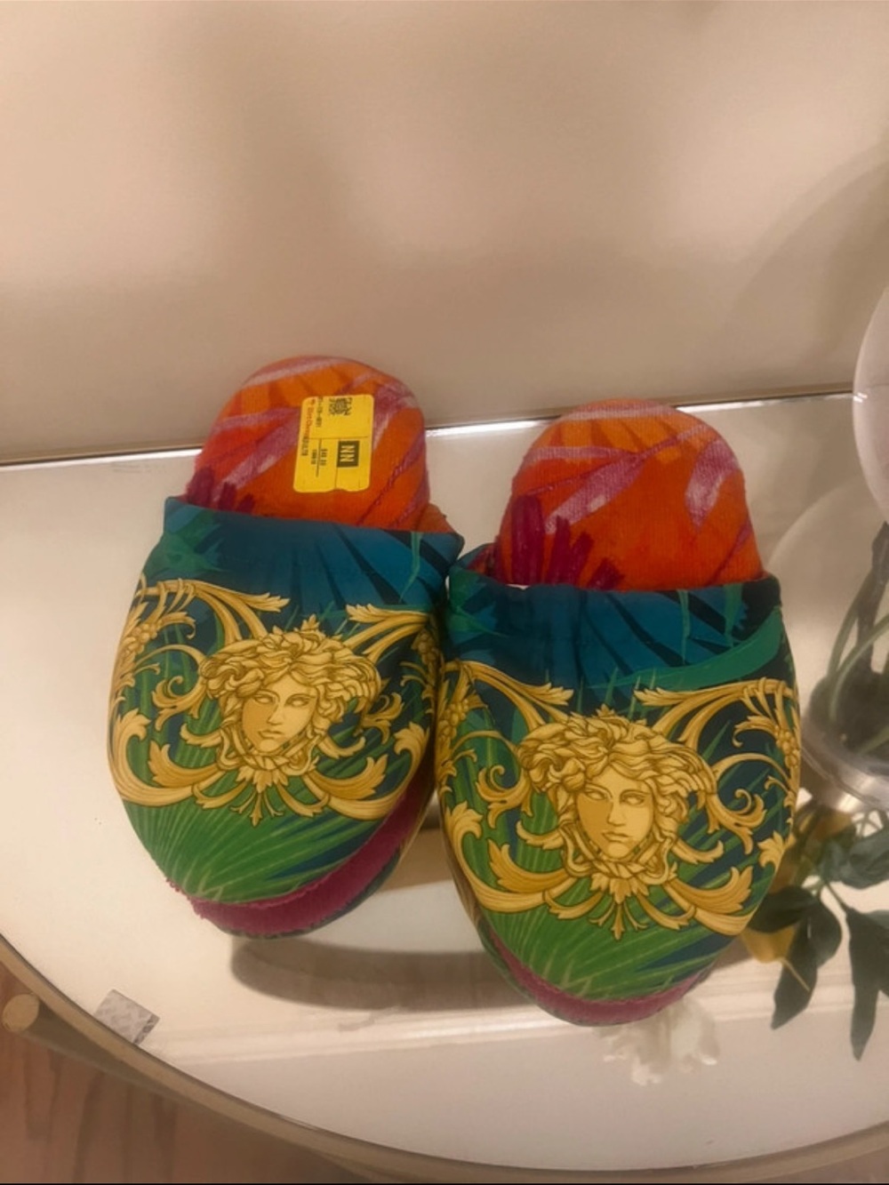 Versace Green & Teal Medusa Print Slip-On Slippers